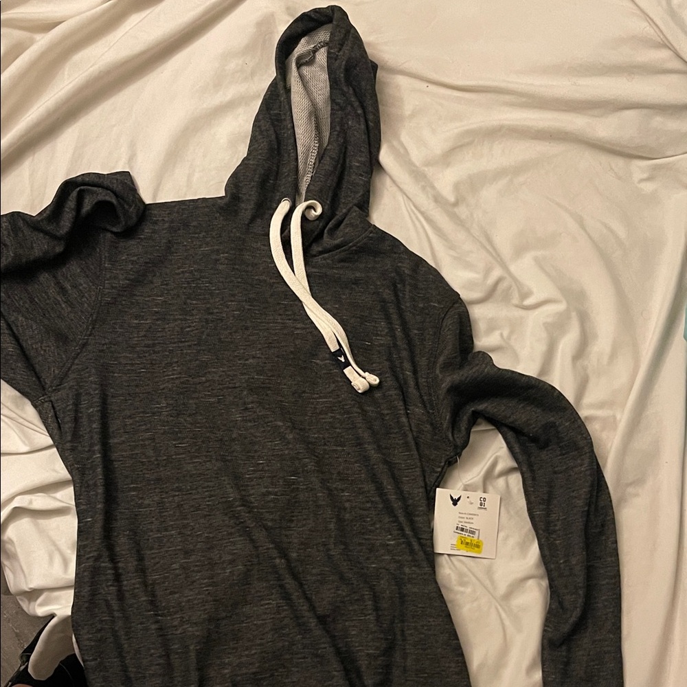 Dark Gray Hooded Sweatshirt with White Drawstrings